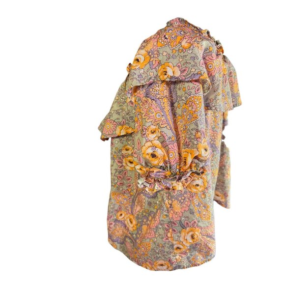 Good Luck Gem Floral Ruffled Blouse 100% Cotton Short Puff Sleeves Boho Chic - Picture 2 of 10